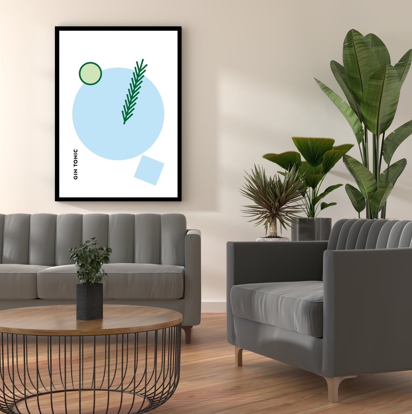 Poster Cocktail Gin Tonic Gurke/Rosmarin - Rund